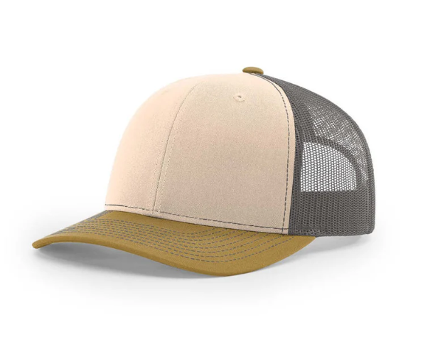 Show Me Your Titties QR Code Trucker Hat - Mink Beige/Charcoal/Amber Gold